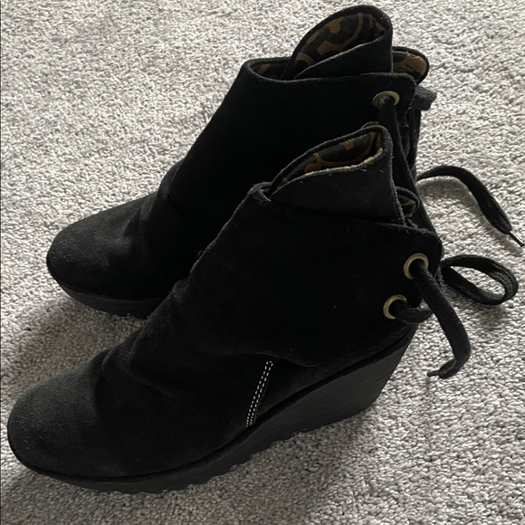 Black Suede Wedge Ankle Boots - Picture 1 of 4